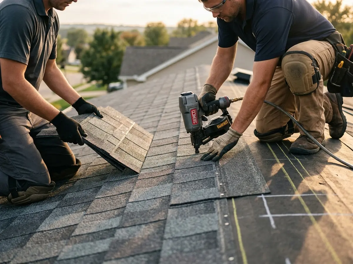 Professional roofer working on a residential roof in Struthers